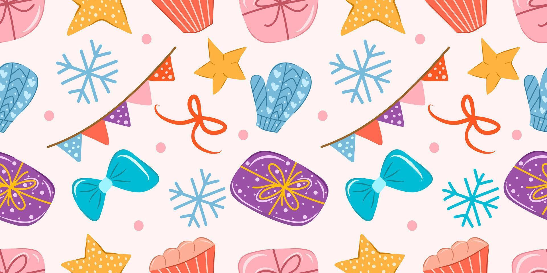 Horizontal seamless pattern of gift box, flag, gloves, ribbon, stars, cupcake, and snowflakes on soft pink color isolated for print and festive background winter holiday. vector