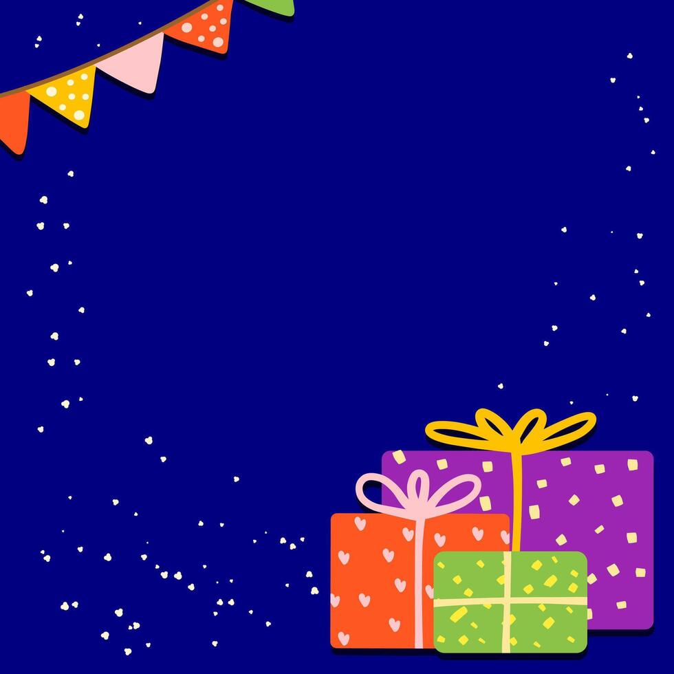 Dark blue background with gift boxes element with space for text. Perfect for winter holiday or new year social media flyer. vector