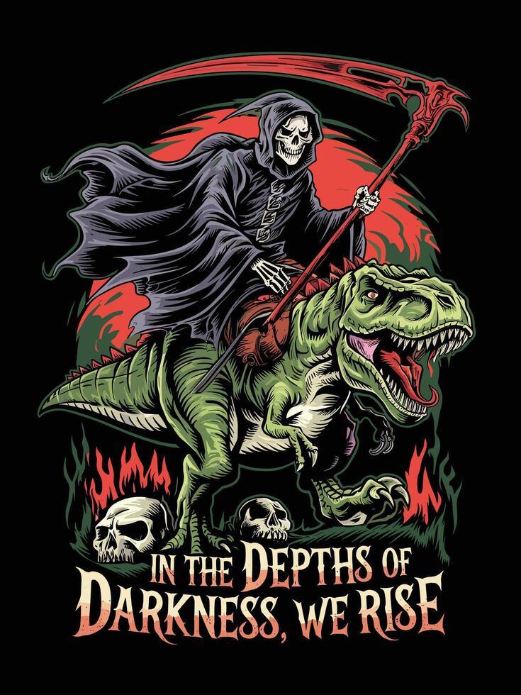 Infernal Grim Reaper Riding a Fiery T-Rex with Skulls vector