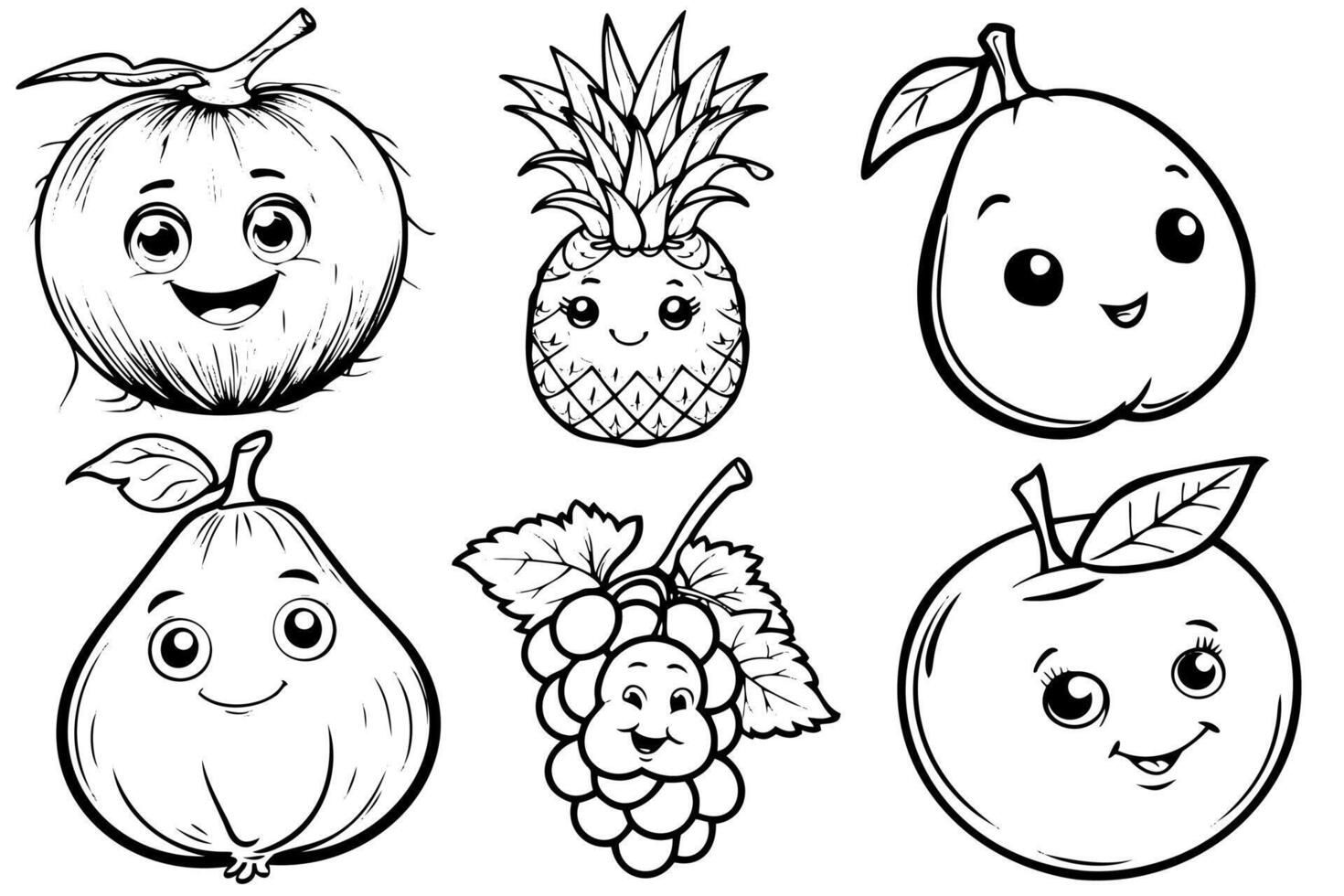 Coloring page illustration of smiling fruits including an coconut, pineapple, mango, fig, grape and orange. vector