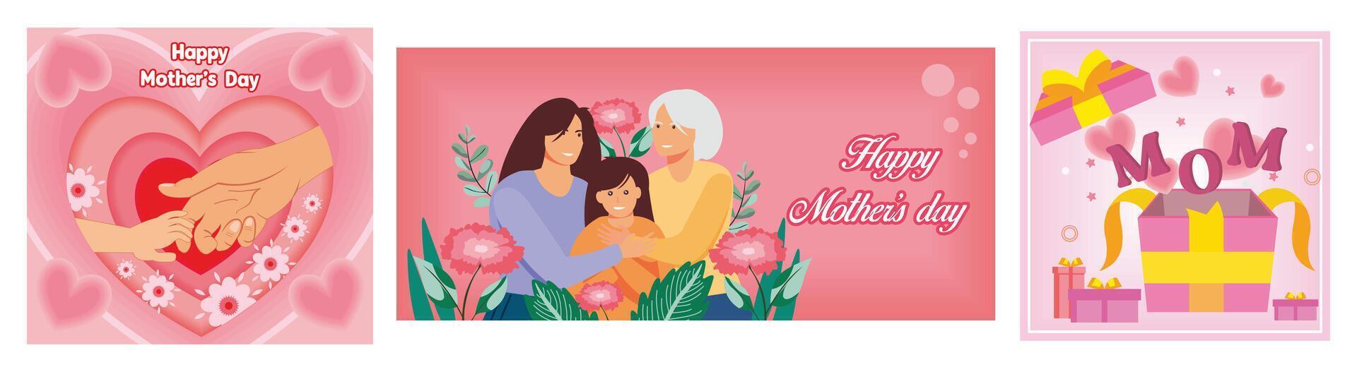 Mother's hand holding child's hand. Happy family of three generations hugging with love. Celebrate happy mother's day. Set flat modern illustration vector