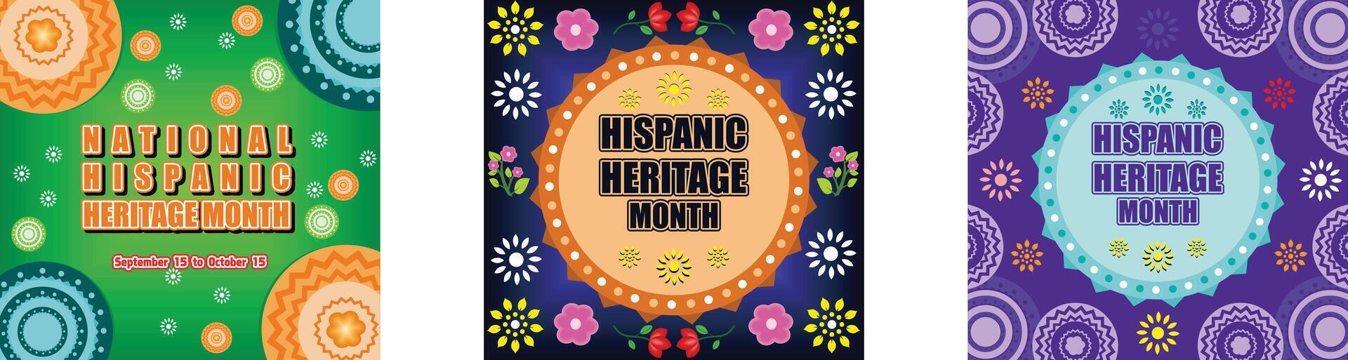 Greeting with national Hispanic heritage month text. National hispanic on floral pattern background. Hispanic heritage month. Set flat modern illustration vector