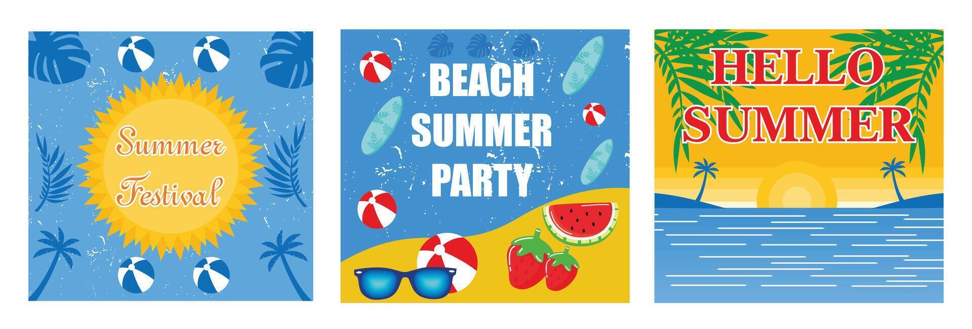 Hello summer holidays with palm sketch. A sunny day beach summer party flyer. Hello Summer Beach Party Flyer. Set flat modern illustration vector