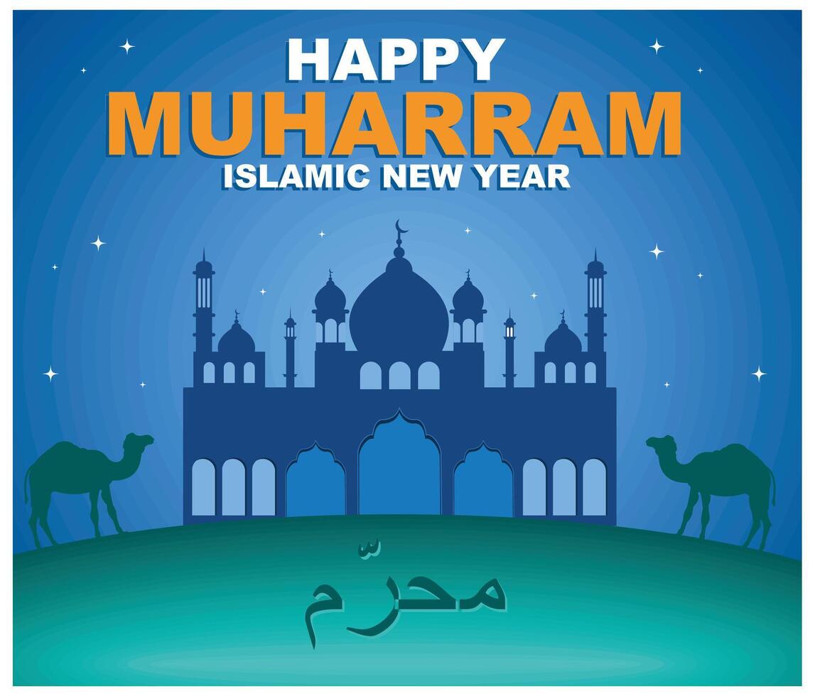 Muharram Islamic new year greeting card with camel in front of the mosque. flat modern illustration vector