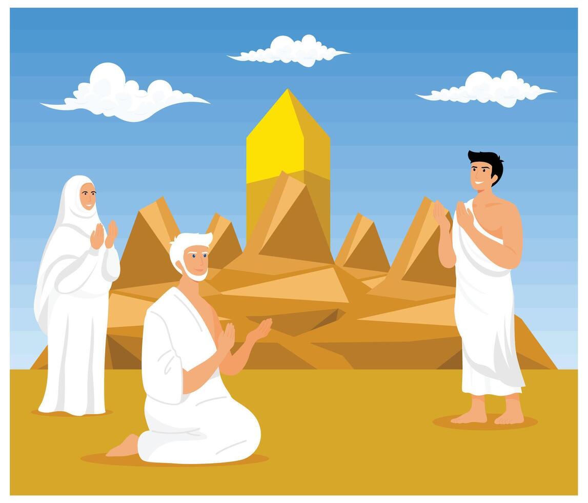 Islamic Pilgrimage with Hajj Muslims doing Wukuf means praying or remaining silent at Arafah. flat modern illustration vector