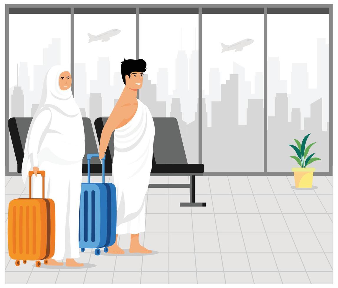 Islamic Hajj Pilgrimage. A Muslim Couple of pilgrims wearing ihram clothes with a suitcase just arrived at the airport in Mecca. flat modern illustration vector