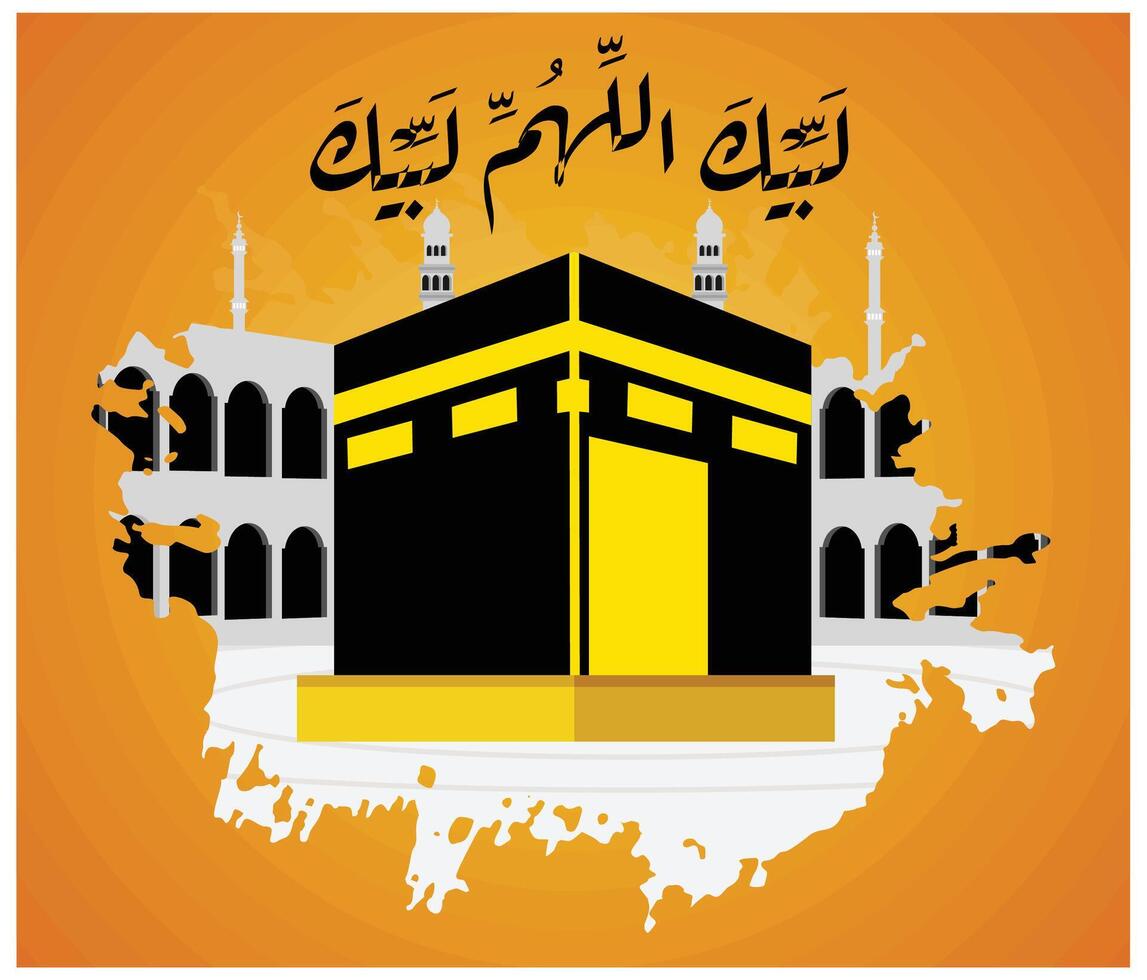 Kaaba with Arabic calligraphy talbiyah writing. Flat modern illustration vector