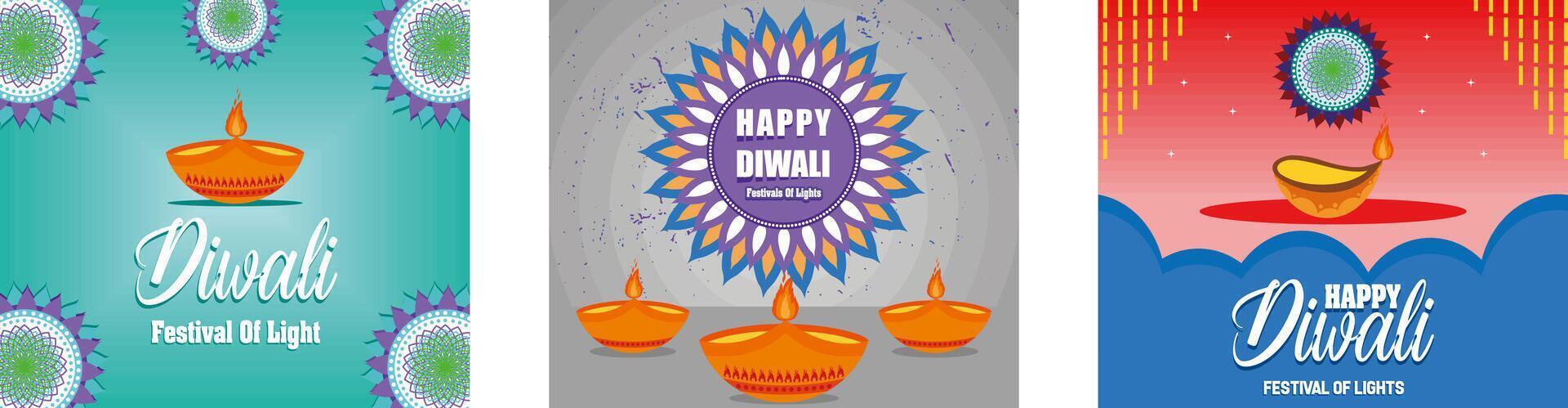 Happy diwali festival. Happy Diwali greetings. Diwali, Deepavali or Diwali the festival of lights india. Set flat modern illustration vector