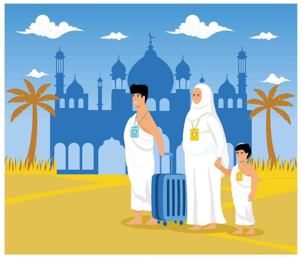 A Muslim Family pilgrim wearing ihram clothes with a suitcase just arrived in mecca to perform Hajj or umrah Pilgrimage. flat modern illustration vector