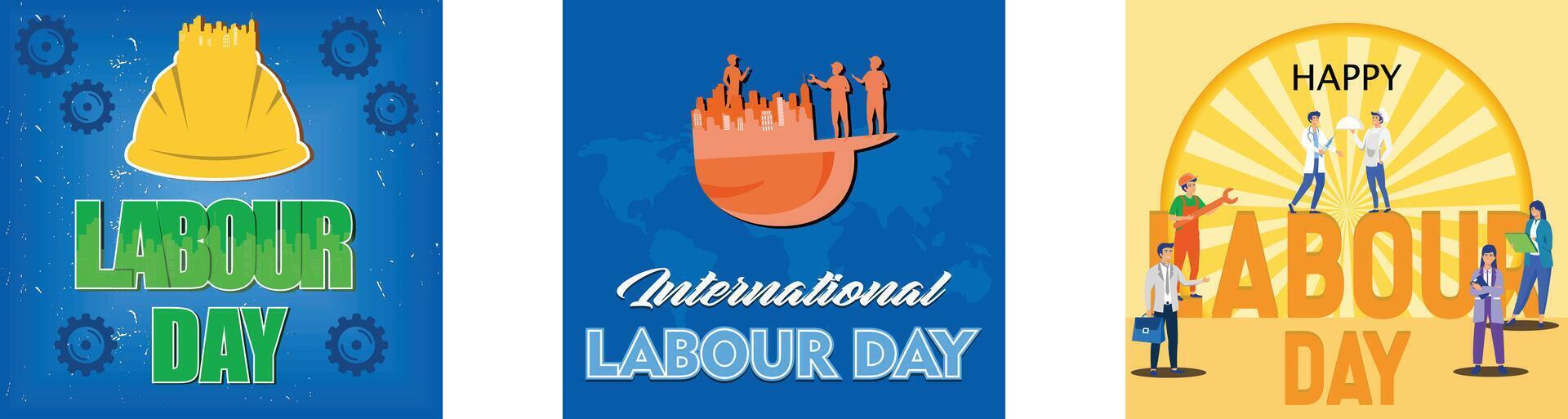 Labor Day lettering with helmet. Happy Labor Day Typography with a group of workers and Safety Helmet. Happy international labor day. Set flat modern illustration vector