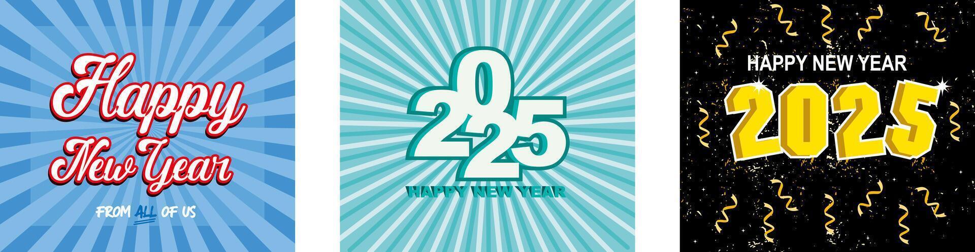 New Year's Eve Card. 2025 New Year greeting night party atmosphere banner with fireworks. 2025 Happy new year. Set flat modern illustration vector