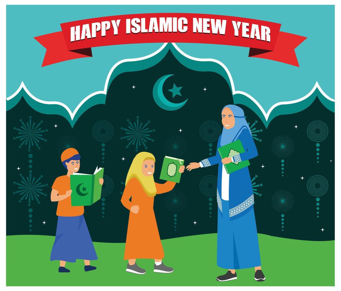A Muslim Teacher is celebrating the Islamic new year with their students by reading the Qur'an together. flat modern illustration vector