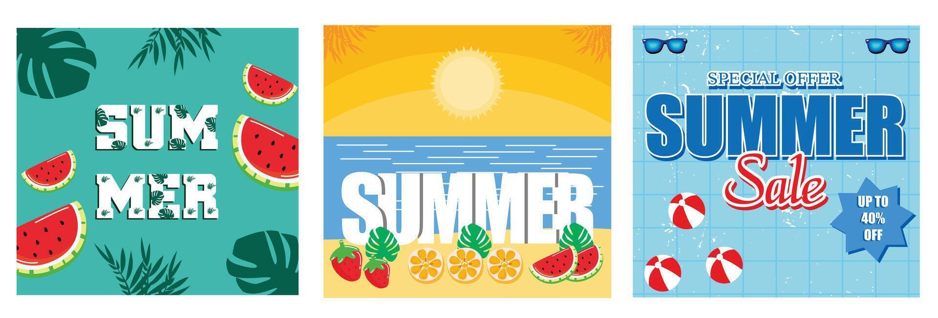 Summer time greeting with monstera leaf, palm leaves and watermelon. Summer hanging text on the beach. Summer Sale. Set flat modern illustration vector