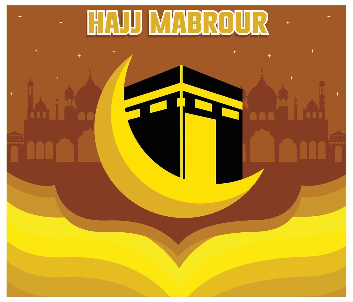 Kaaba at the Grand Mosque in Mecca Saudi Arabia with hajj mabrour typography. flat modern illustration vector
