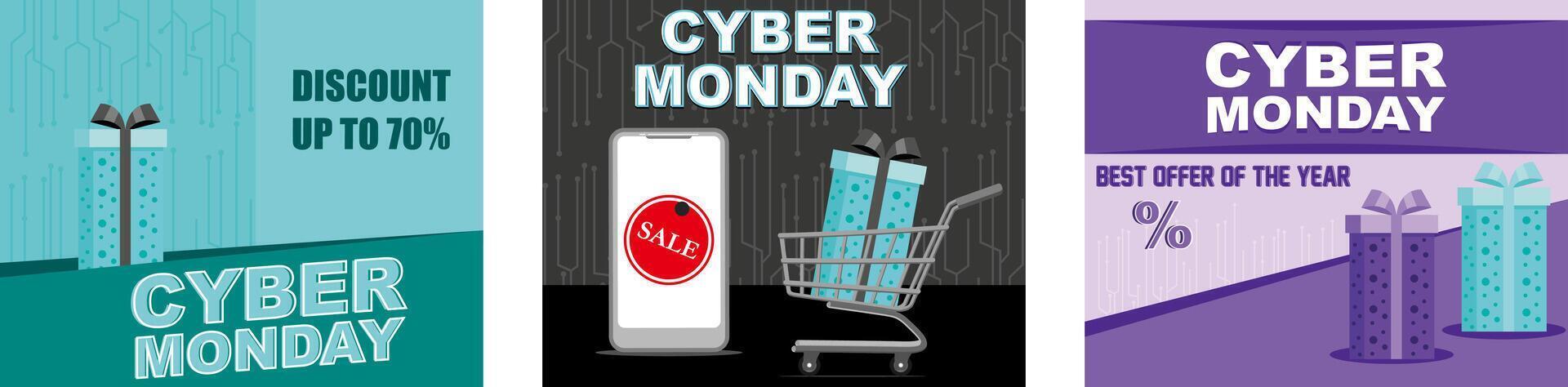 Cyber monday horizontal banner. Composition with shopping basket, gadgets and gift boxes. Black friday Cyber Monday. Set flat modern illustration vector