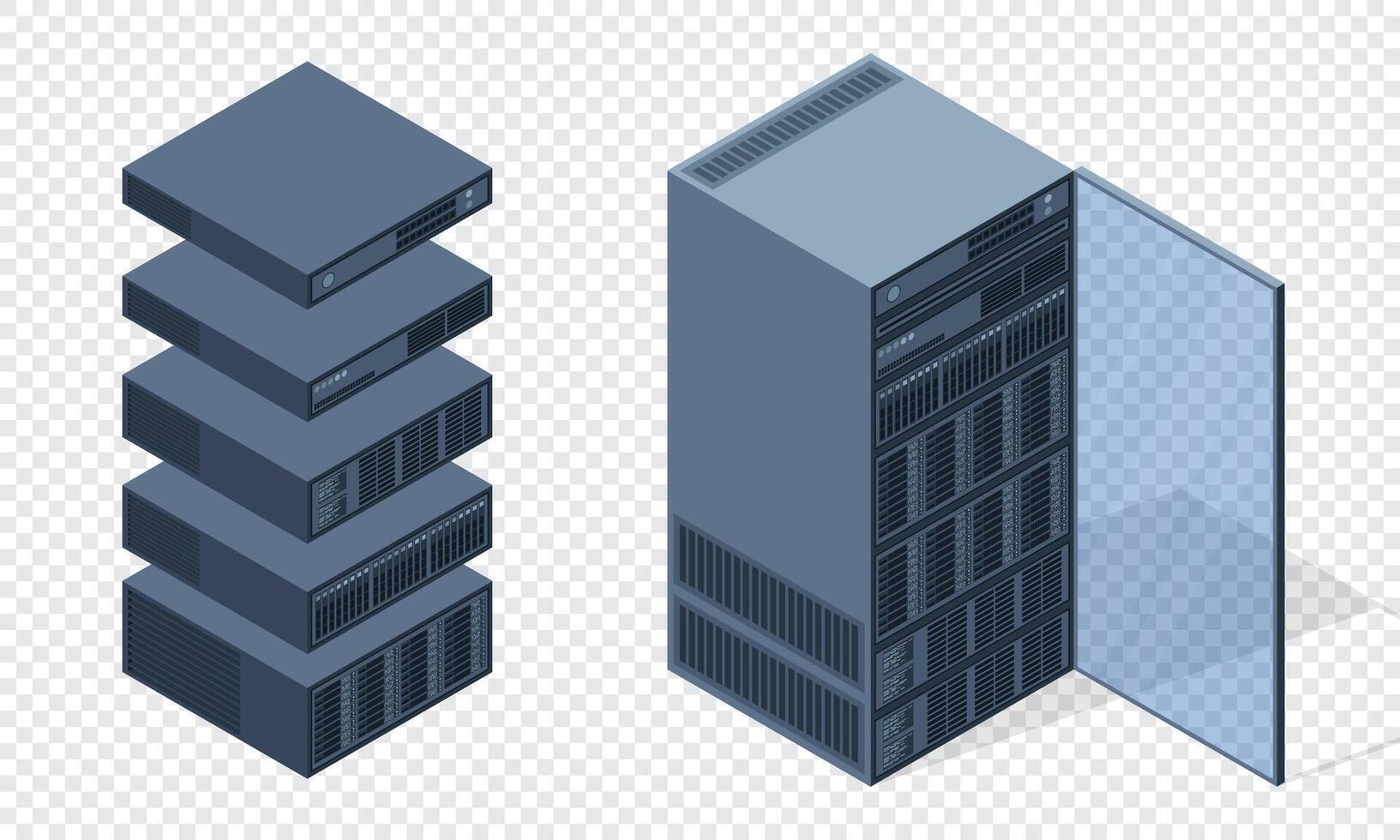Isometric server. Server racks. Server boxes isolated. Network server room. Computer network technology. illustration vector