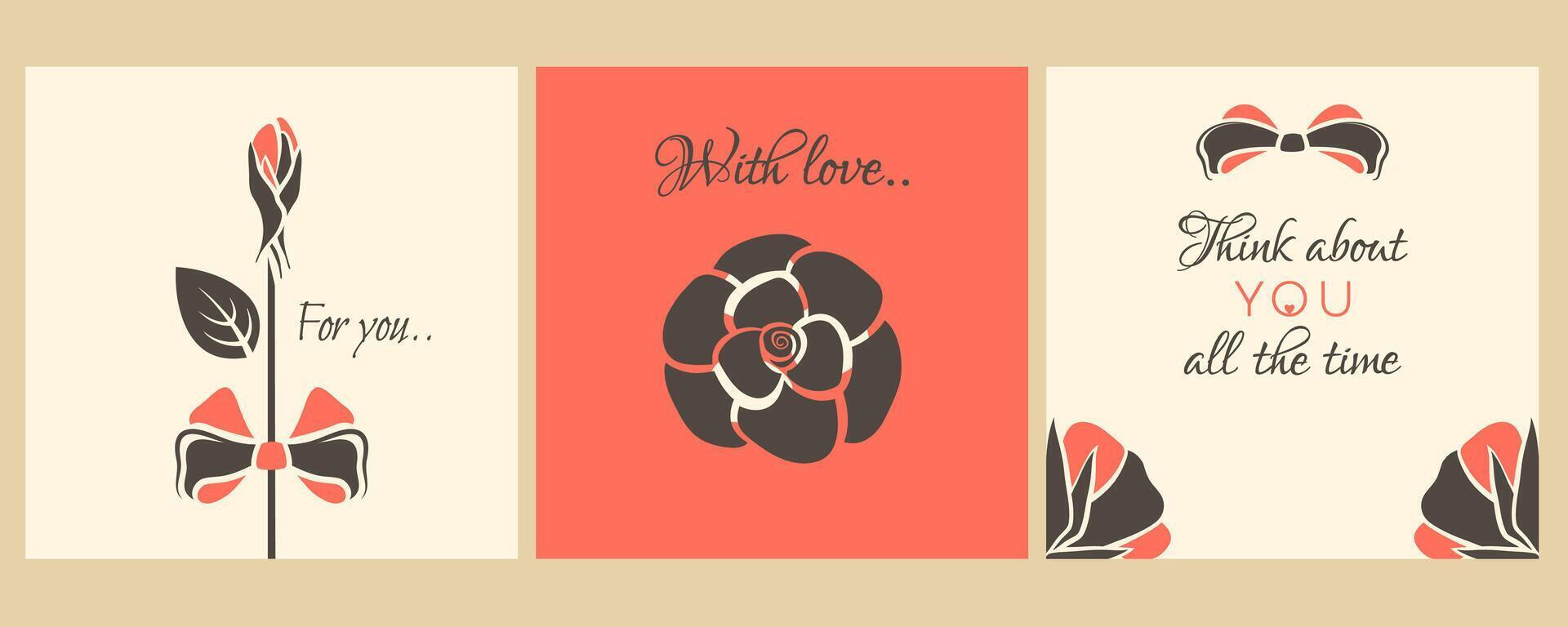 Valentine's day. Set of retro posters with Valentine elements for 14 February holiday. Valentine concept. Beautiful flower, rosebud, bow, love text. Gift cards. flat illustration vector
