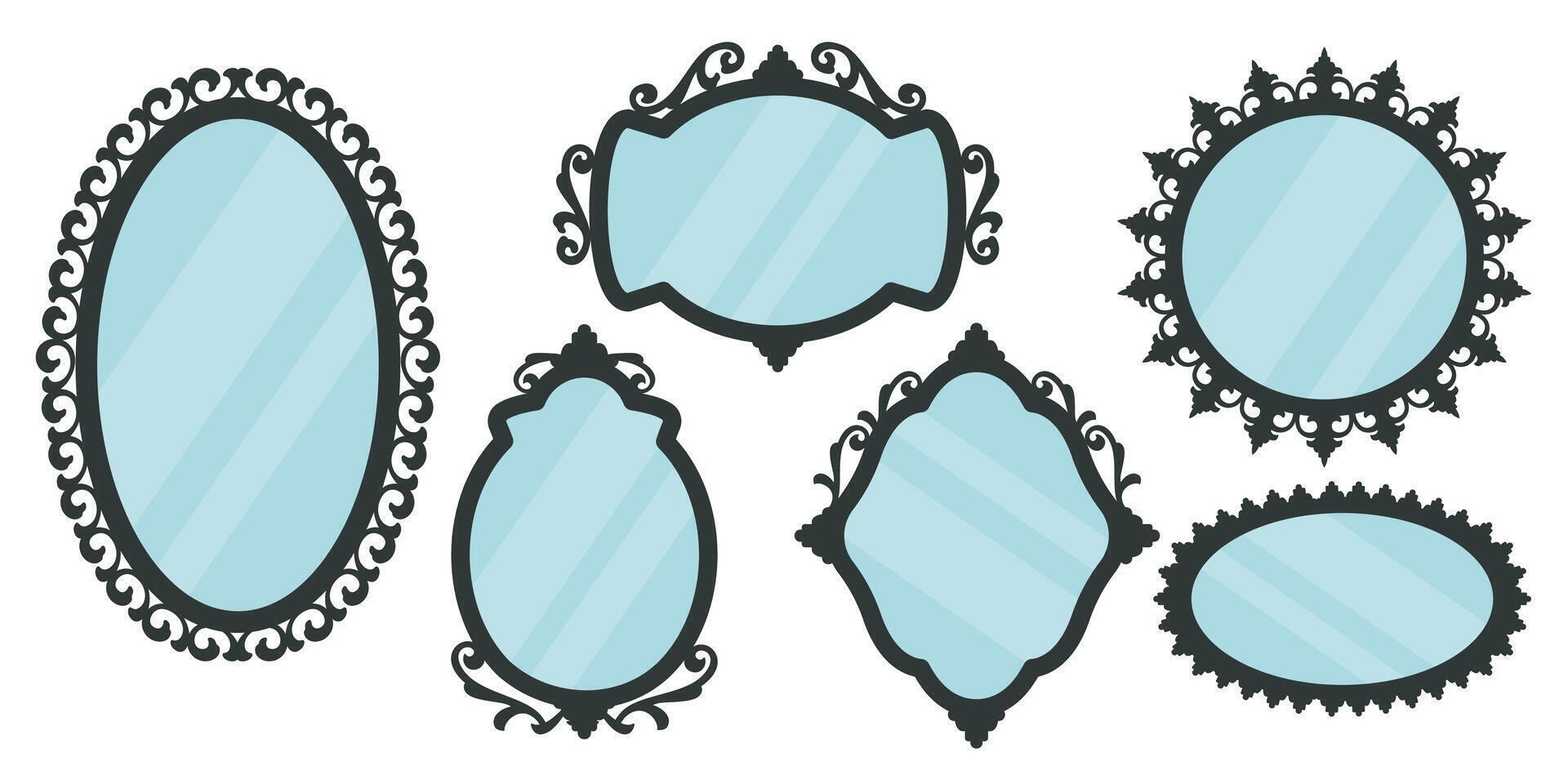 Set of vertical and horizontal vintage mirrors isolated on white background. Mirrors icon. Retro looking glass with elgant antique frames. Luxury classic home furniture in antique style. vector