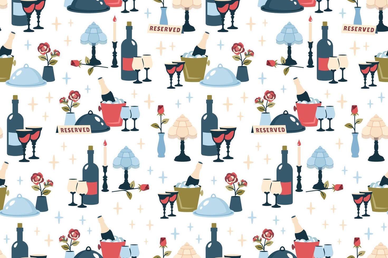 Valentines seamless pattern. Reserved tables for two. Valentines background. Romantic dinner with cutlery, wineglasses, champagne, candles, rose, nightlight. Romantic setting. flat illustration vector