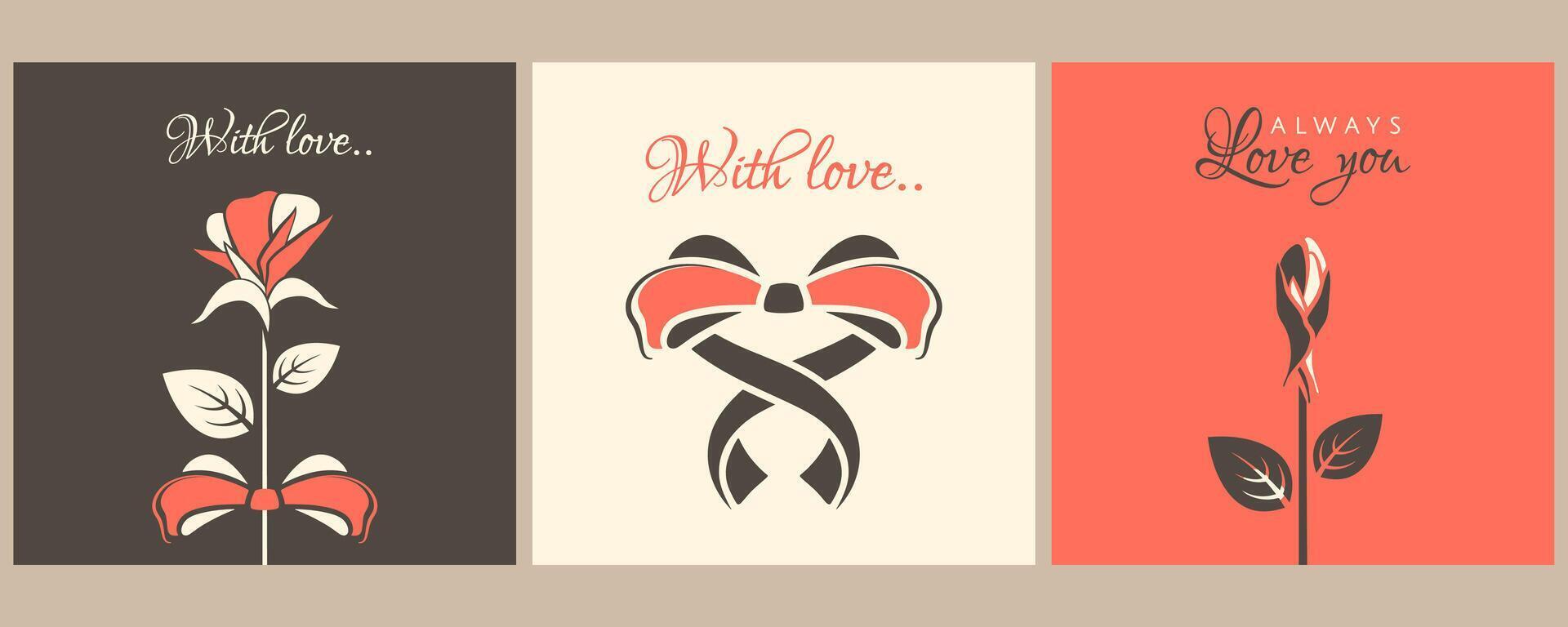Valentine background set. Trendy greeting cards for Valentine's day. Romantic posters with rosebud, cute bow, love text. Modern Gorizontal backgrounds flat illustration for 14 February holiday vector