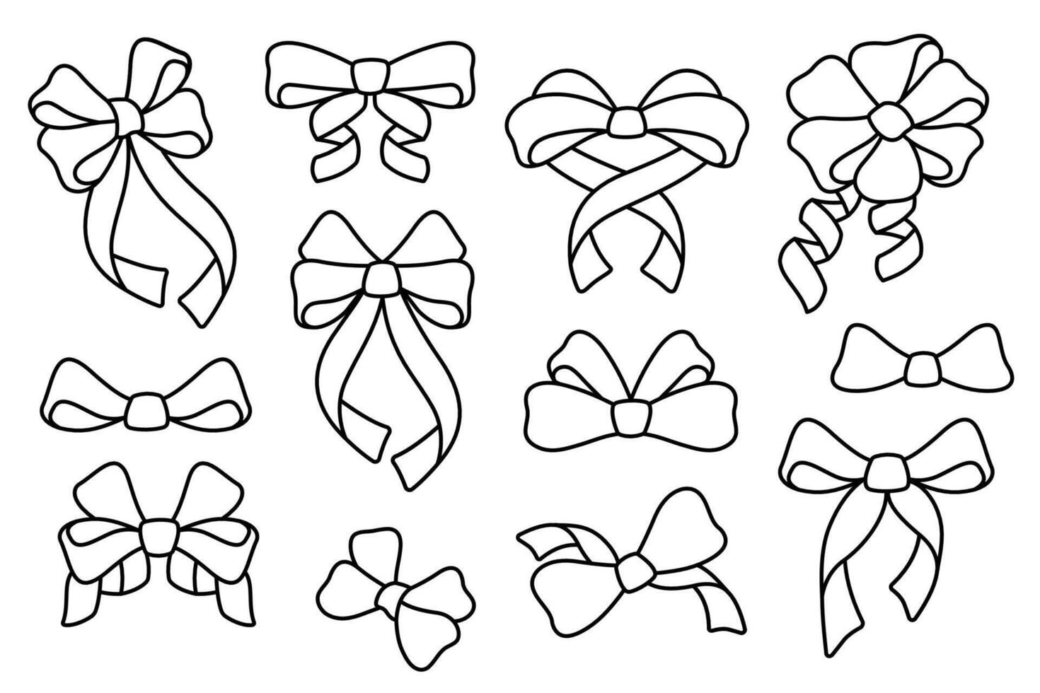 Bows and ribbons. Bows line icons set. Hand drawn ribbons, Gift Bows in various shapes. Outline signs for decorations, party, wrapping presents, hair accessories. Editable Stroke. illustration vector