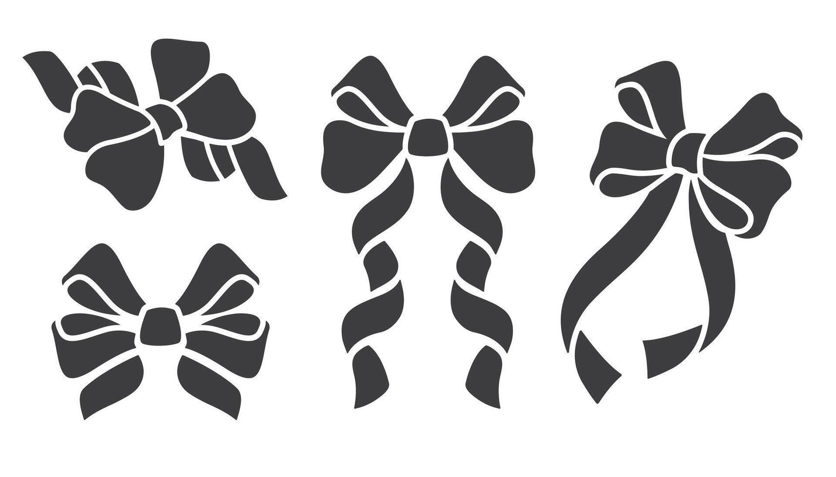 Set of Silhouette Bows and ribbons isolated. Bow icon. Hand drawn Various Black ribbons and Gift Bows close up. illustration for decorations party, gift wrappin, Hair Accessory vector