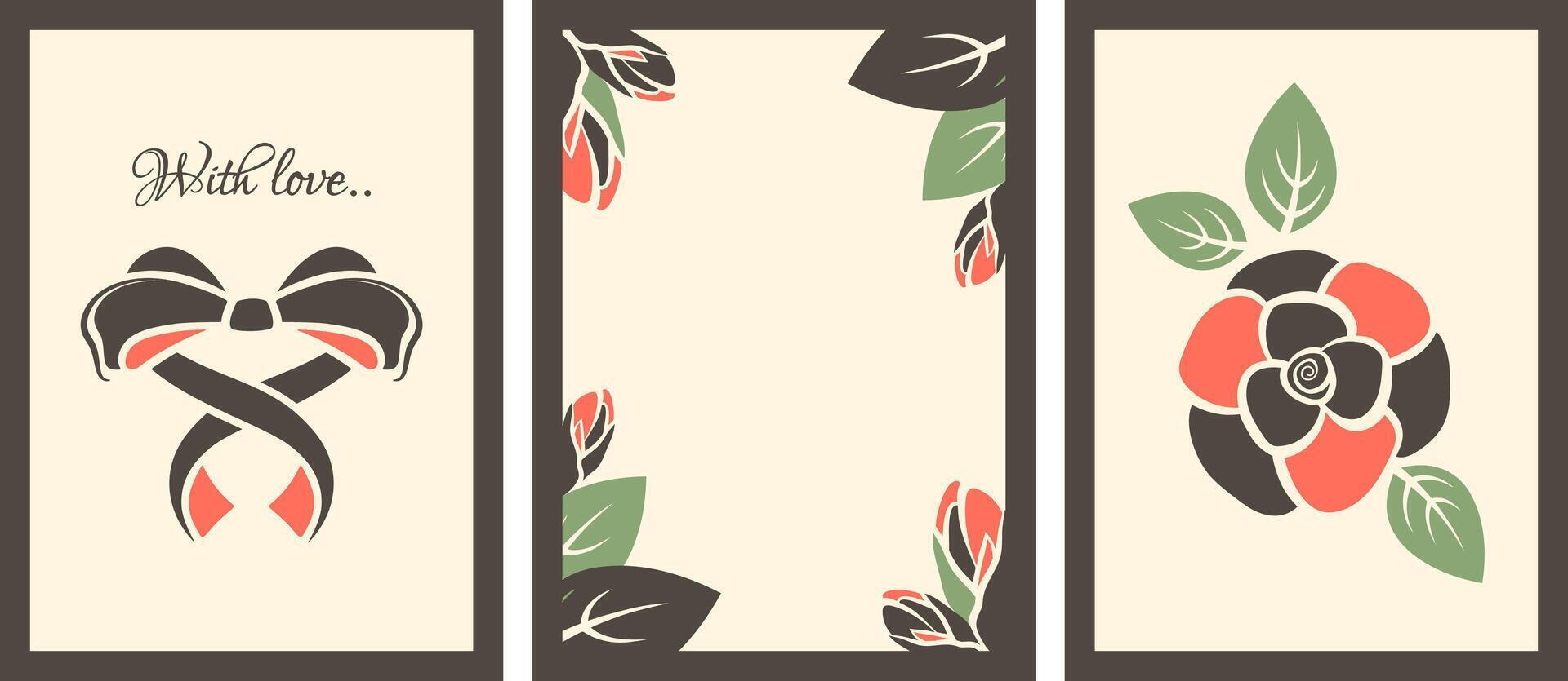 Valentines day cards. Set of Trendy posters for 14 February holiday. Romantic design with rose, cute bow in shape of heart, love text. Festive background in retro style. flat illustration vector