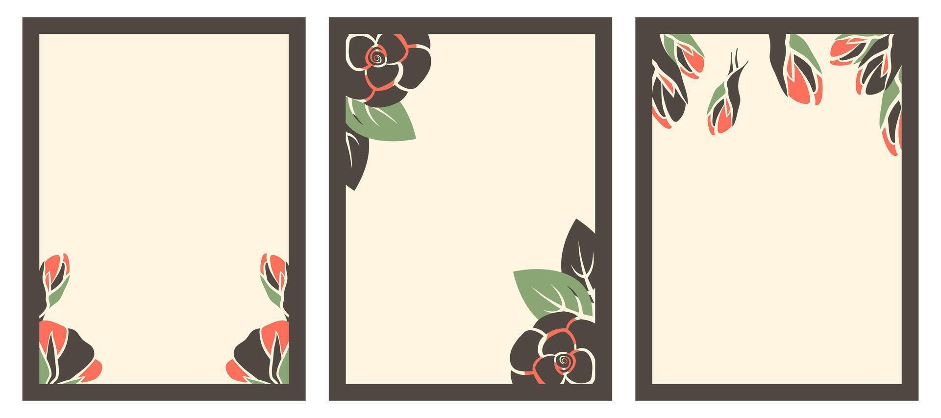 Floral background. Set of flower cards isolated on white background. Abstract flowers, blossom, leaves. Hand drawn design with bloom, rose, bud. illustration for poster, card, print, invitation vector