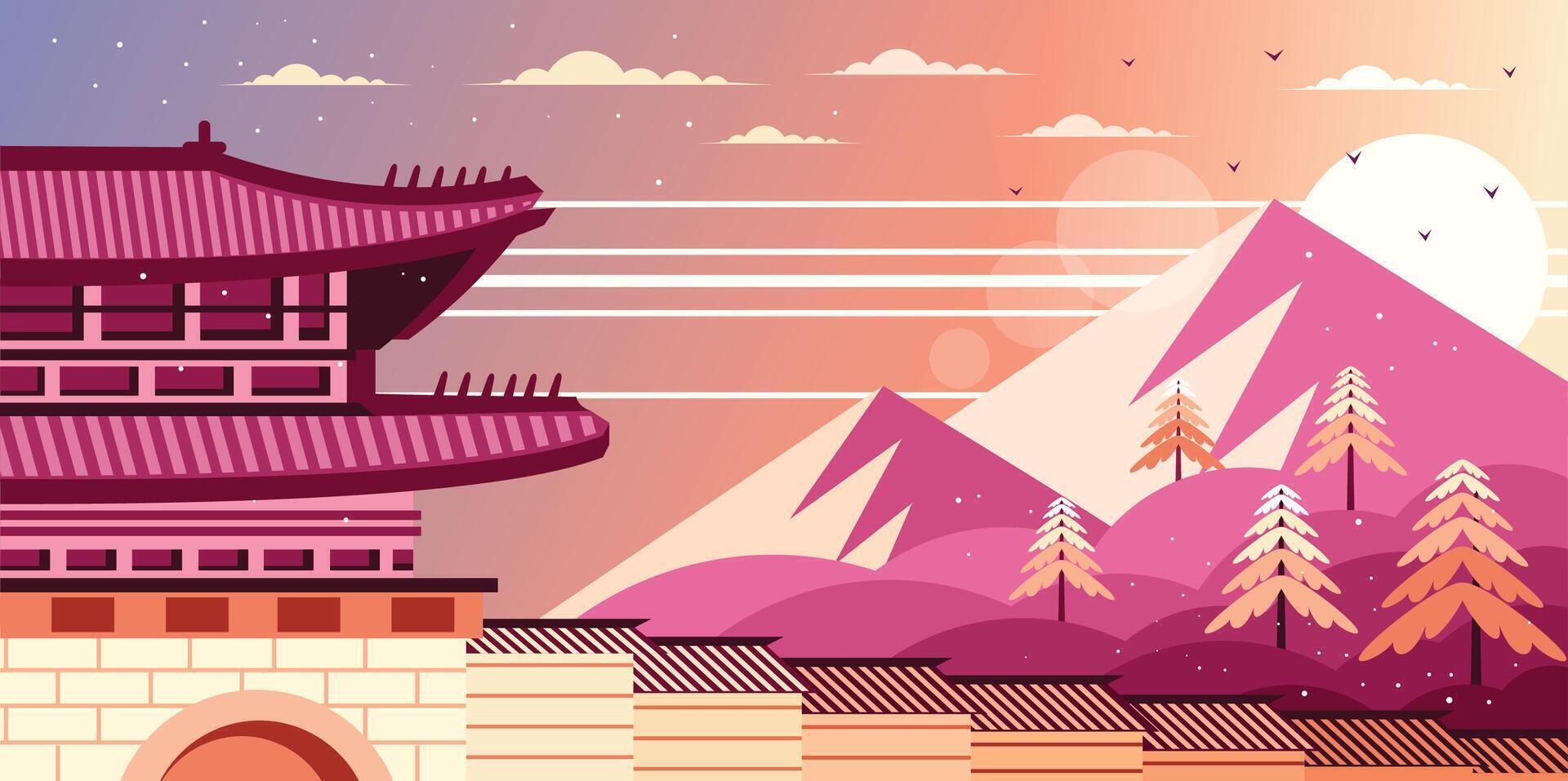 Korean Palace and Mountain View Illustration vector