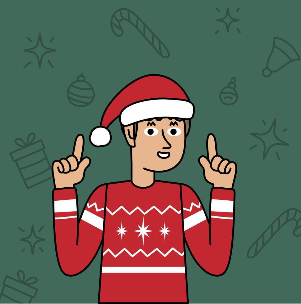 boy in a Christmas sweater pointing his hands up vector