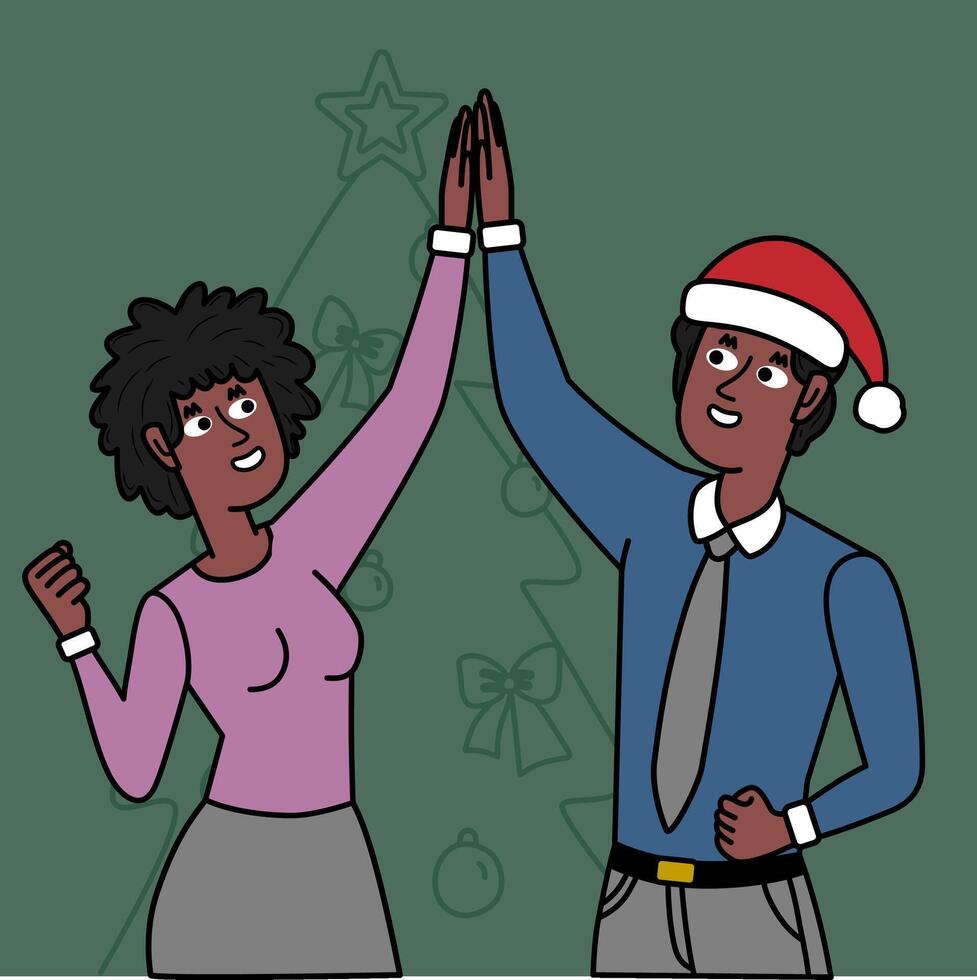 Happy black coworkers shaking hands, Christmas tree in background vector