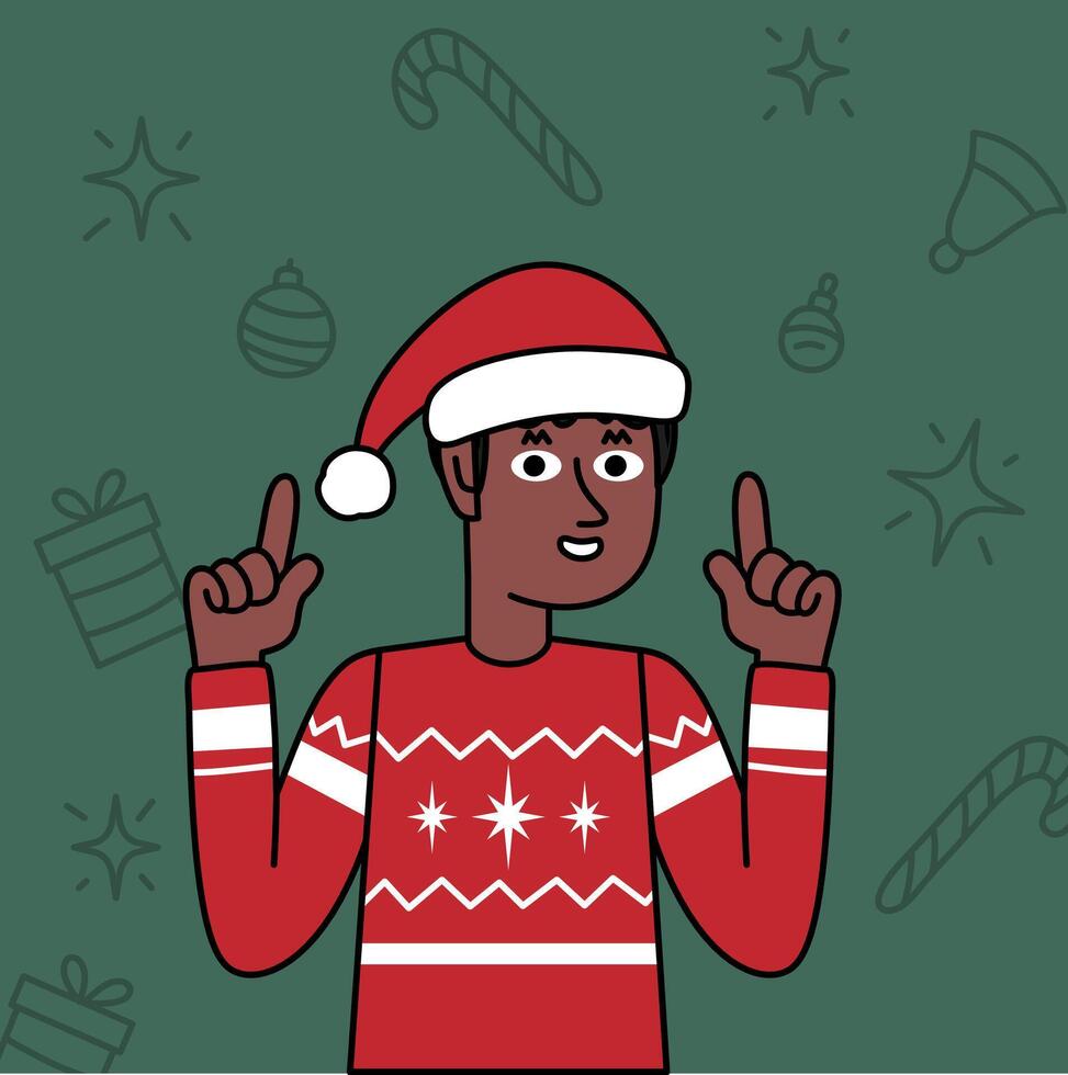 black boy in a Christmas sweater pointing his hands up vector