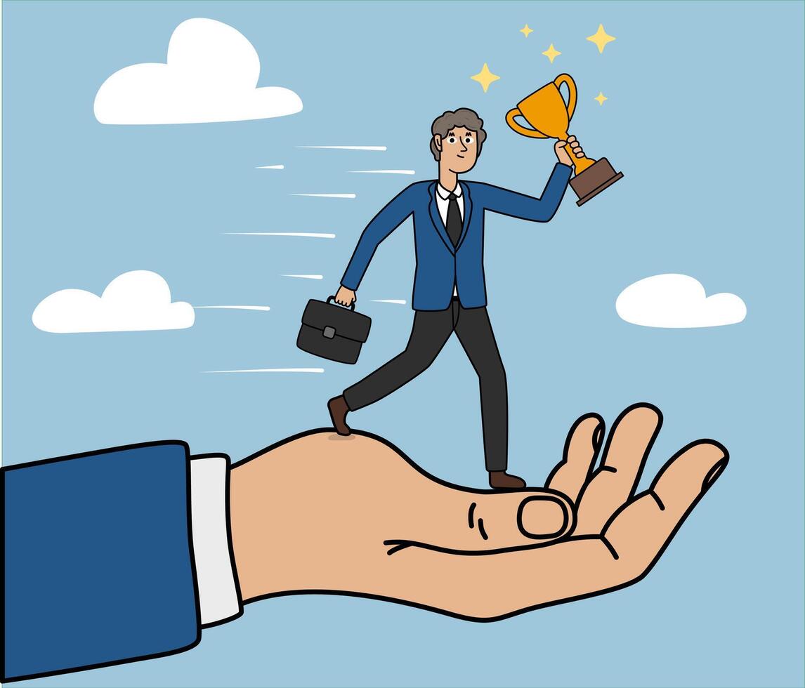 Hand of successful entrepreneur, businessman holding trophy, achieving goals and objectives vector