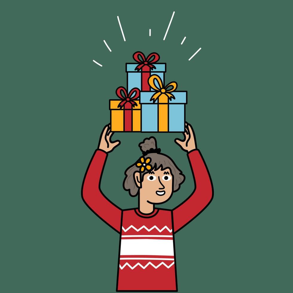 girl with Christmas sweater with hands up holding many gifts vector