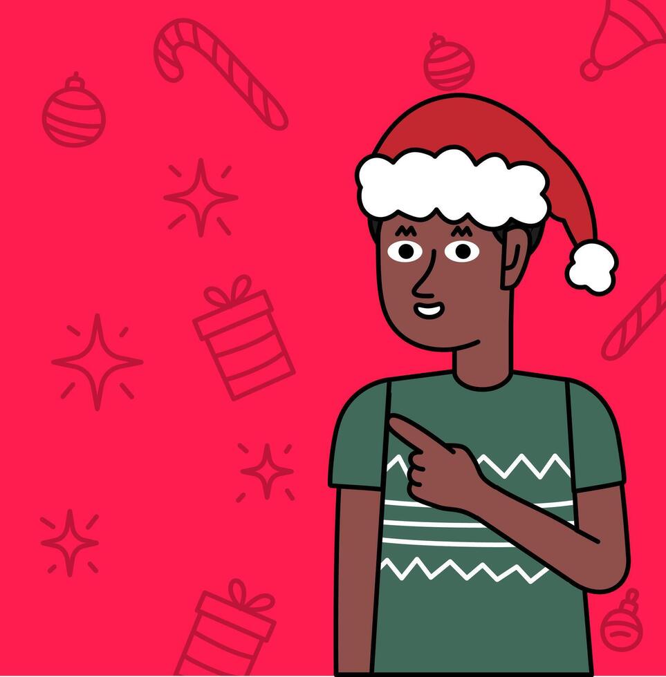 Cartoon of a black boy in a Christmas sweater pointing his finger vector
