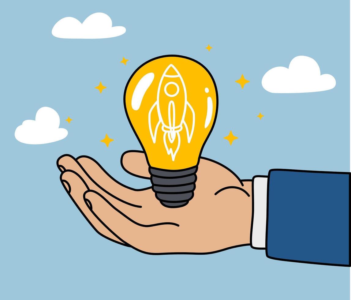 Hand showing an idea, rocket driven idea, businessman having a great idea vector