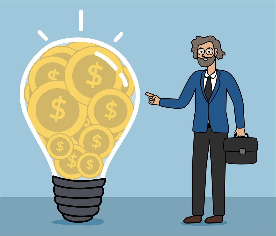 profitable business idea, executive illustration ideas concept, financially profitable idea, businessman pointing at idea, vector