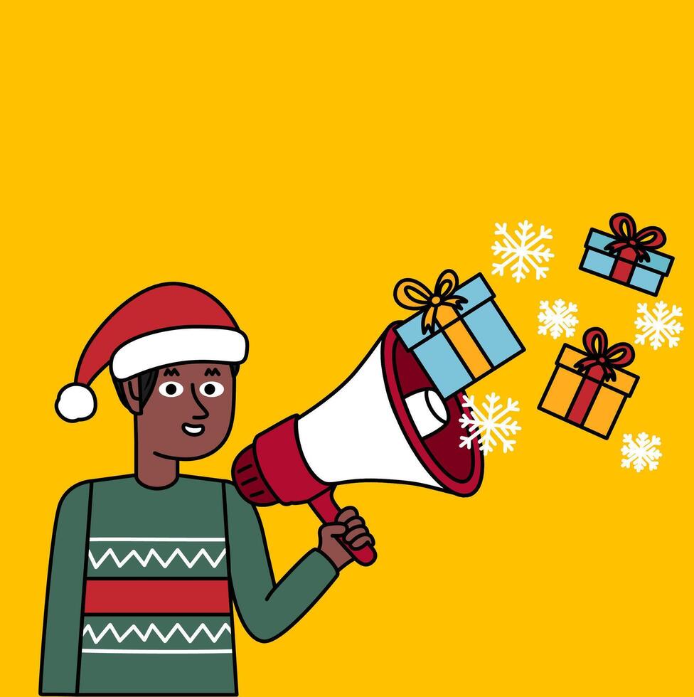 black boy in a Christmas sweater smiling and holding a megaphone in her hand vector