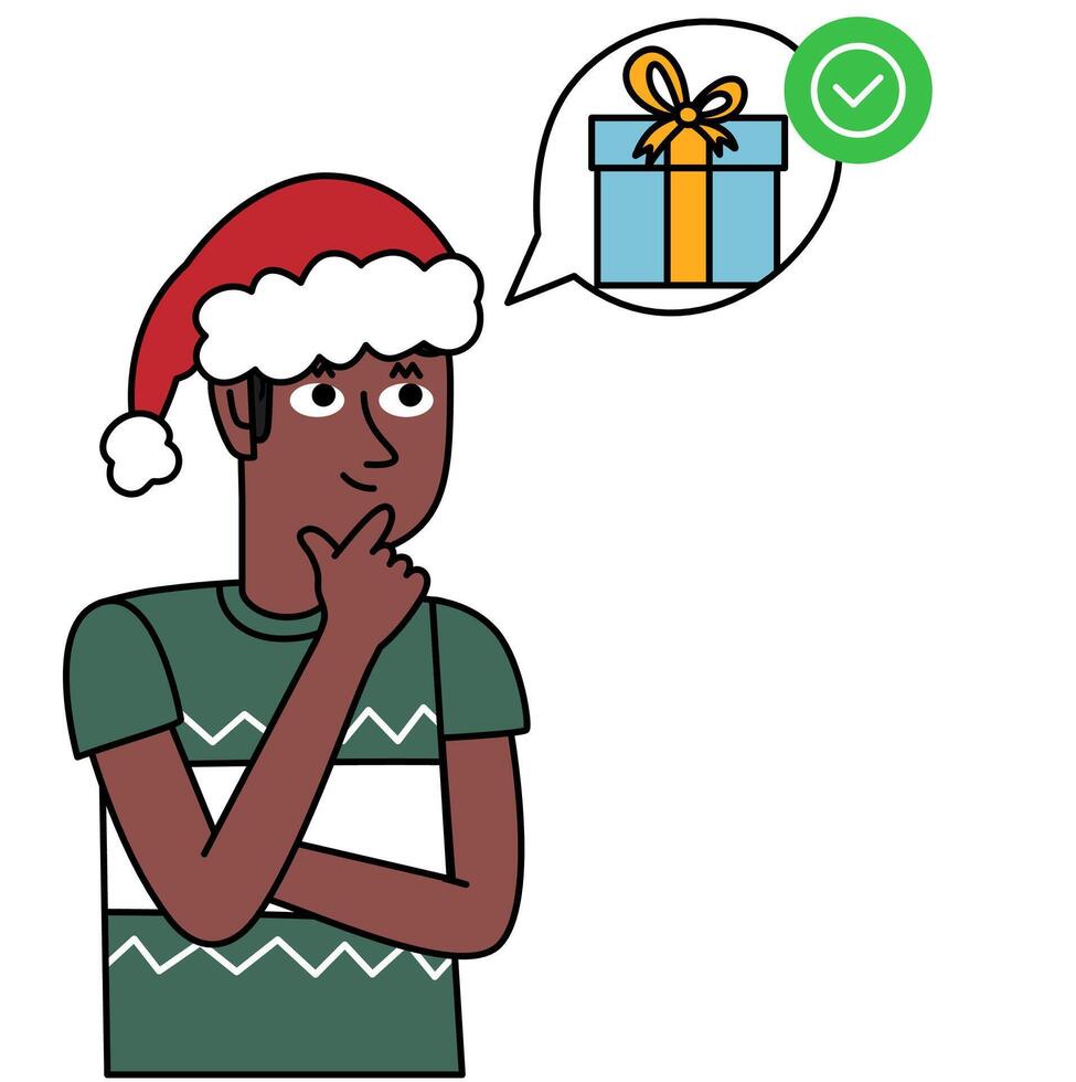 black boy in a Christmas sweater with many doubts thinking about gifts vector
