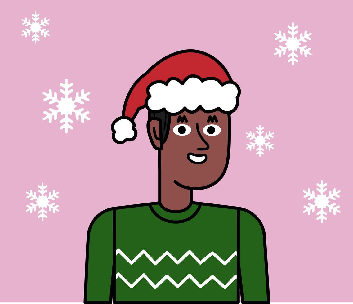 Happy black man in Christmas hat, background with snowflakes vector