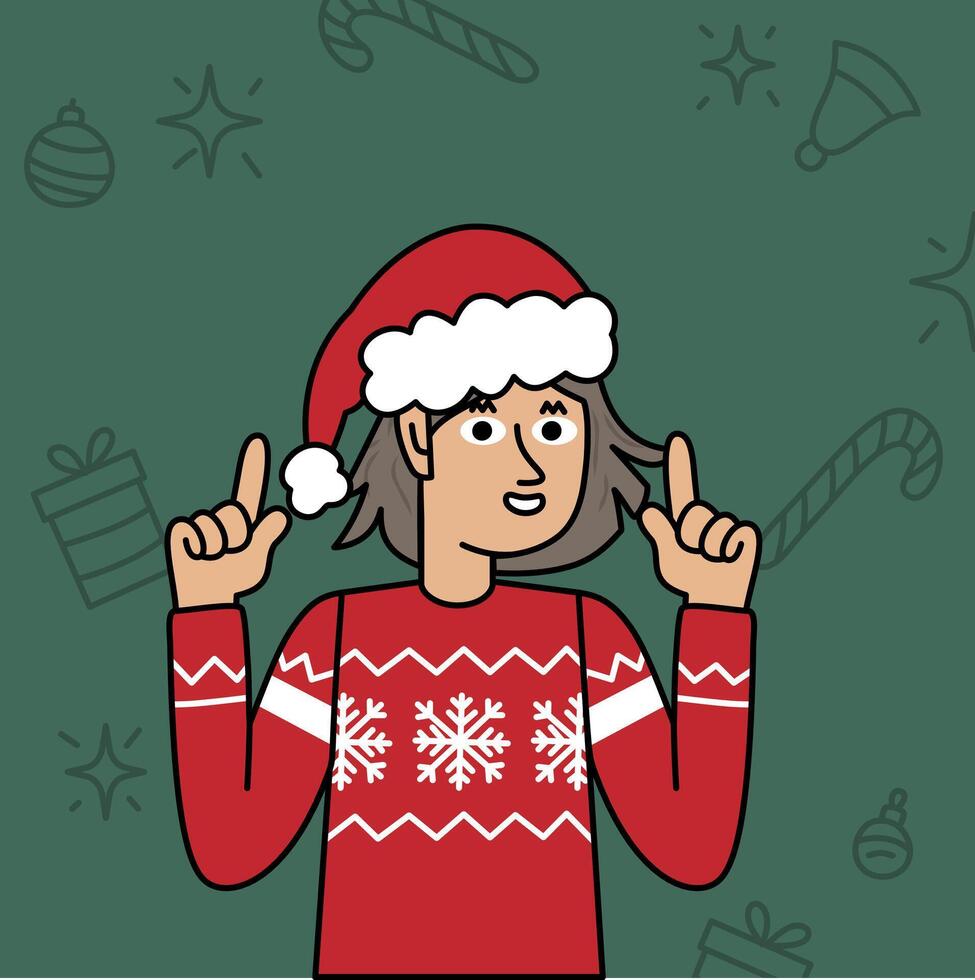 girl in a Christmas sweater pointing his hands up vector