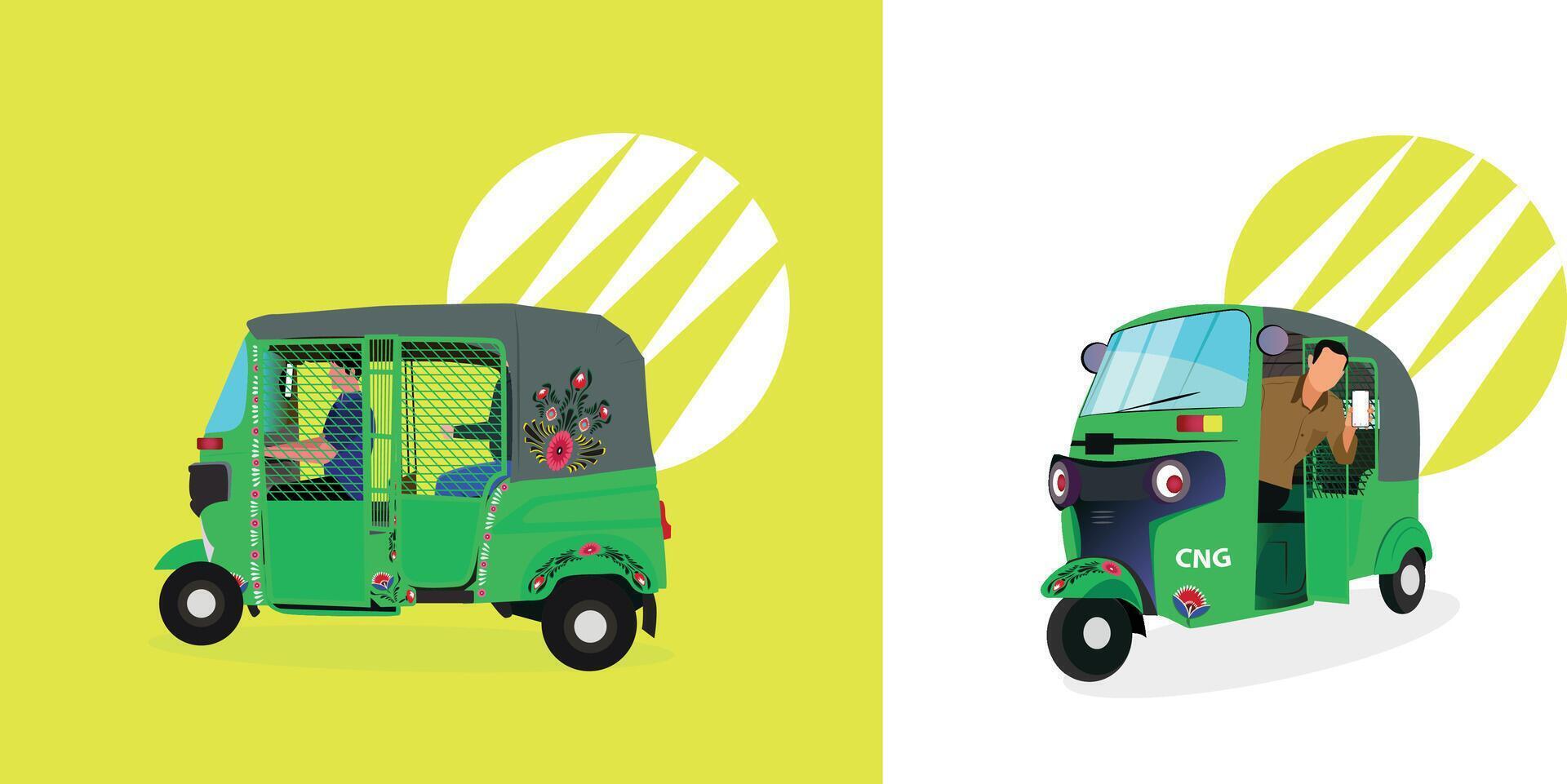 Set of green auto-rickshaw or CNG in Bangladesh vector
