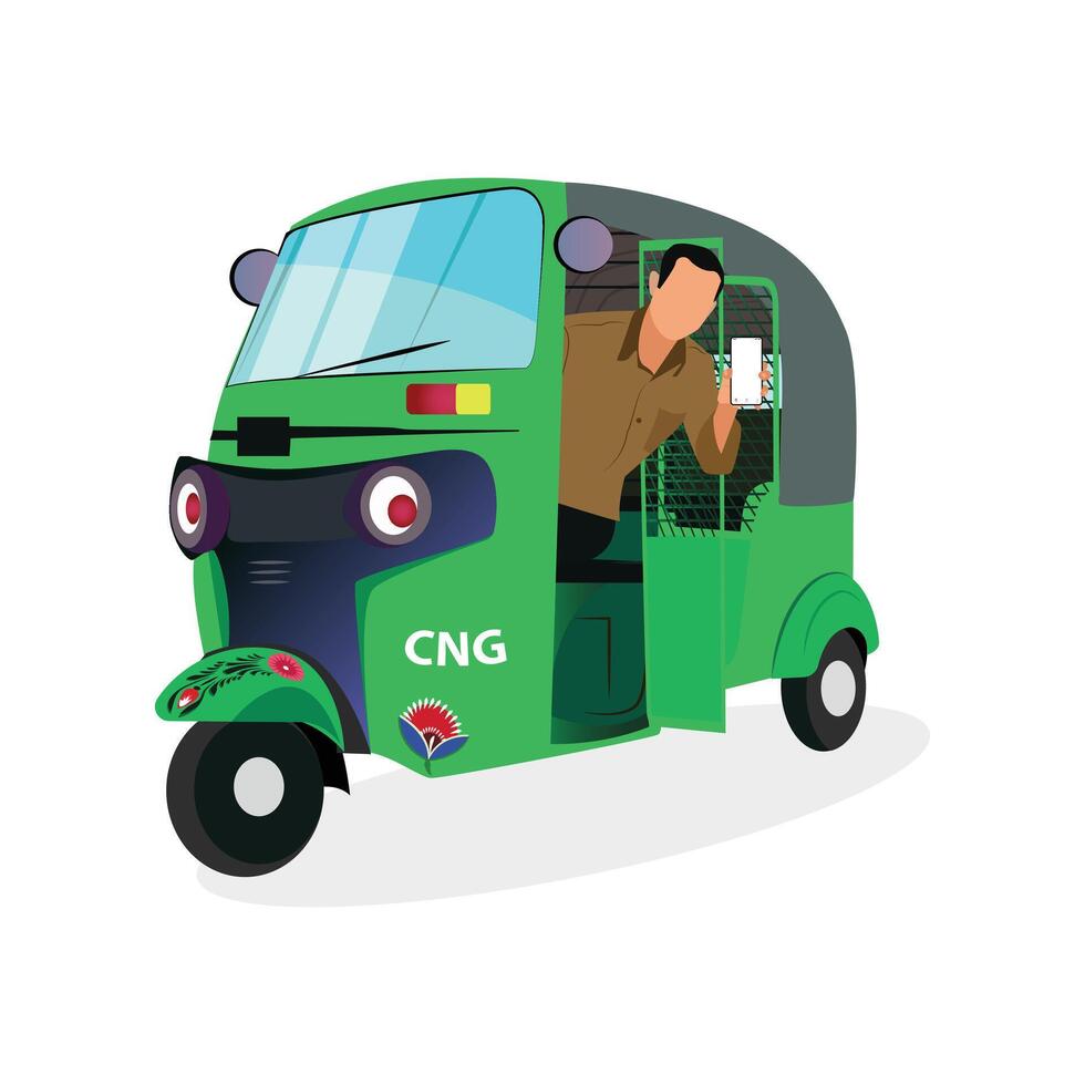 A rickshaw puller showing his phone from his auto rickshaw, Indian Auto Rickshaw vector