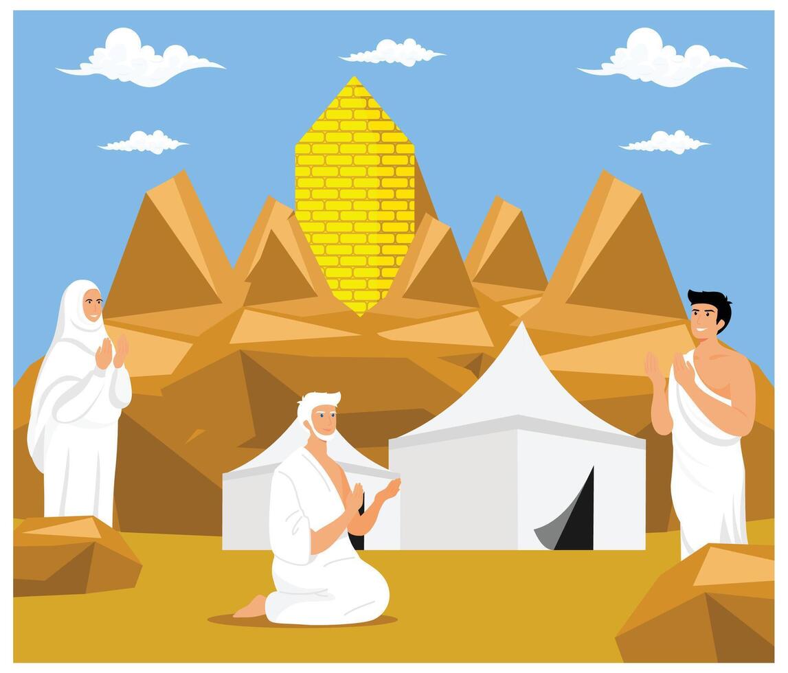 Muslims resting in tents on Islamic hajj pilgrimage. flat modern illustration vector