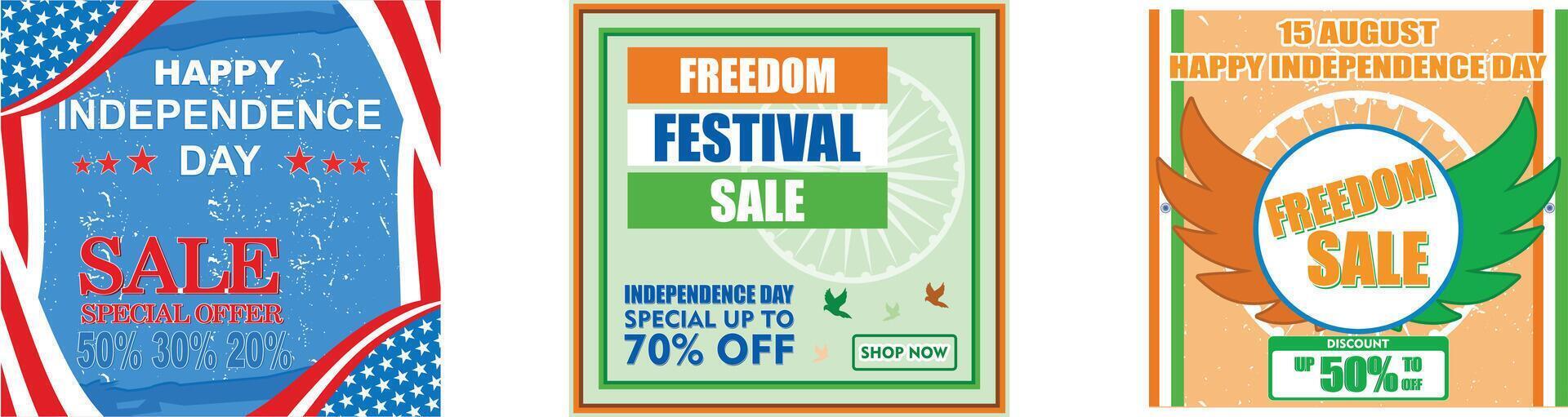 Memorial Day Sale banner template. India independence day festival. Creative sale for India's 77th independence day 15 August. Set flat modern illustration vector