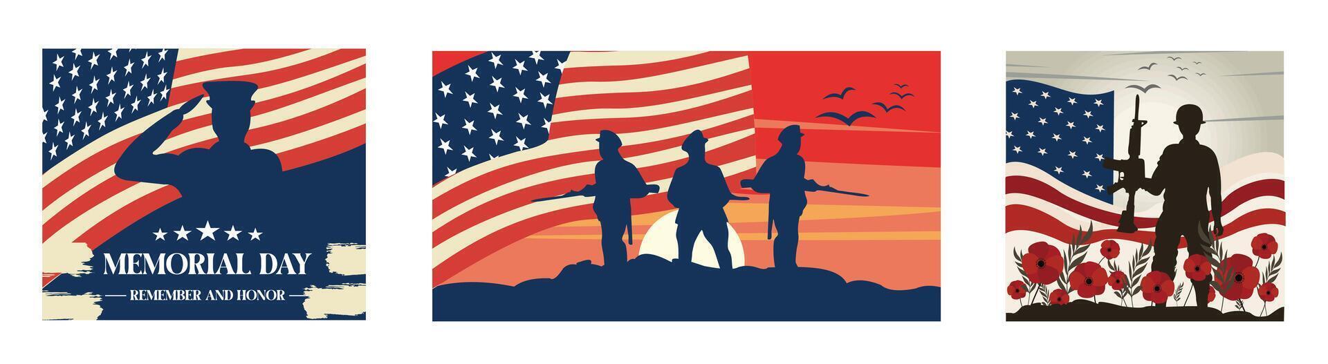 Memorial day with American flag and soldiers. Silhouette of soldier with US flag. Memorial Day in America. Set flat modern illustration vector