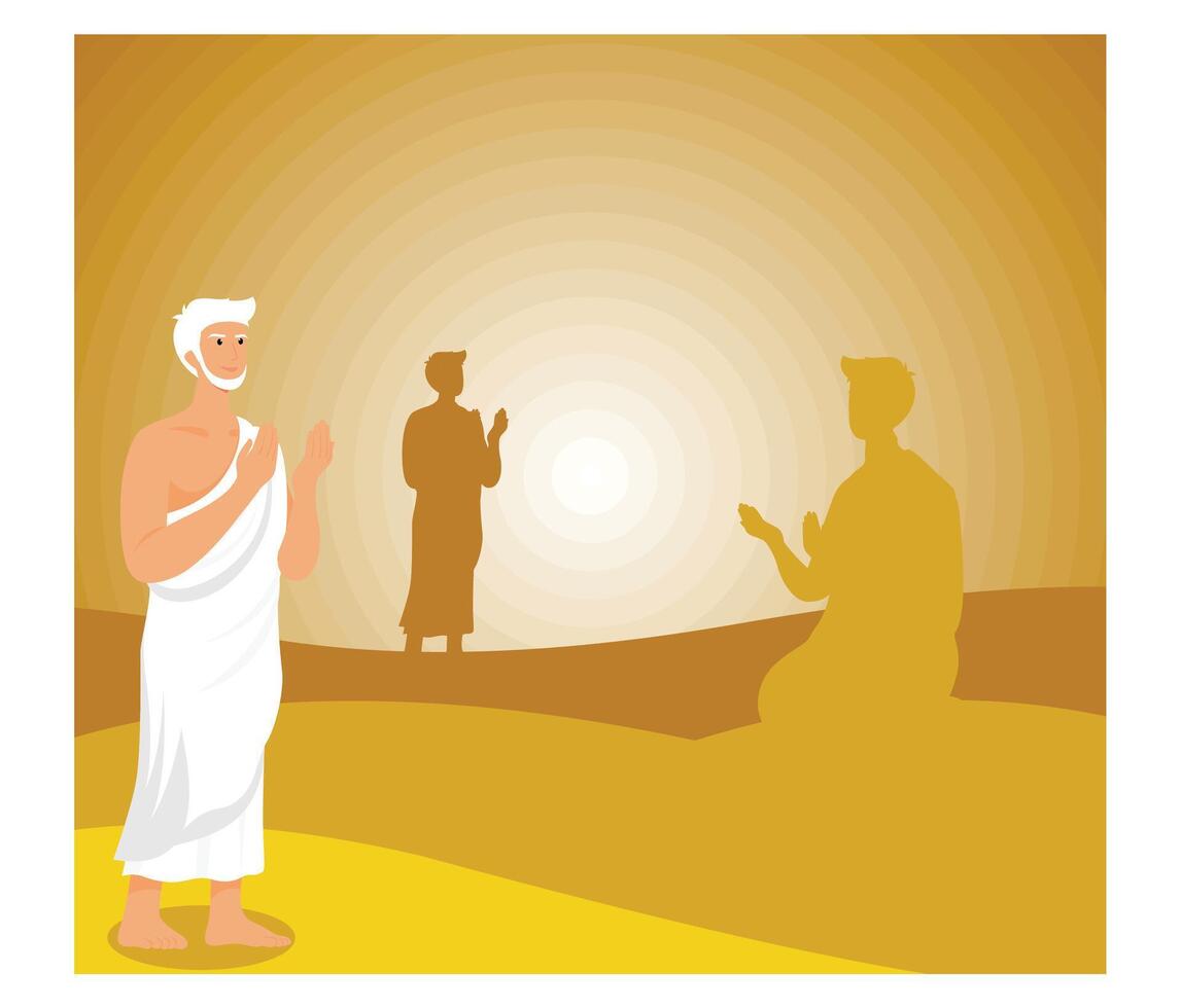 Muslim man performs Hajj. praying on the Jabal Rahmah mountains in Arafat. flat modern illustration vector