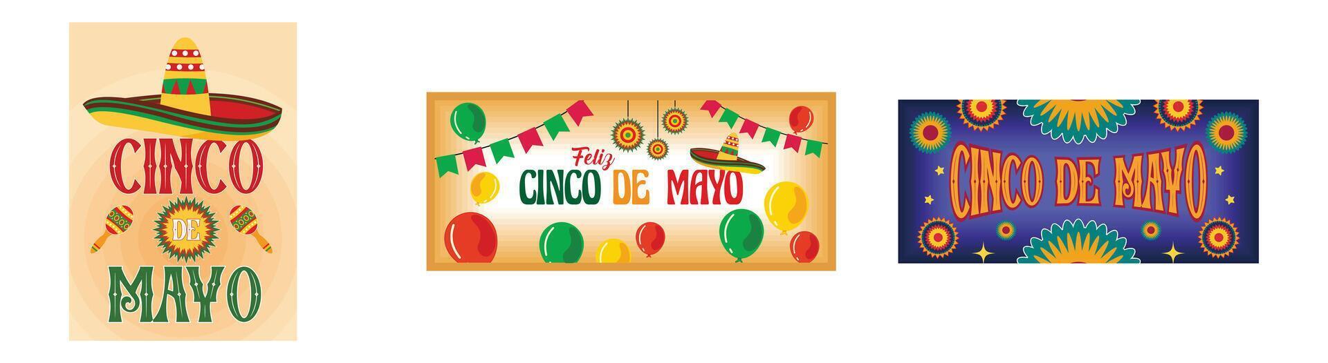 Cinco de Mayo with holiday symbols letters, sombrero and maracas. Banner with sombrero, balloons, buntings and text. Cinco de Mayo May 5. Set flat modern illustration vector