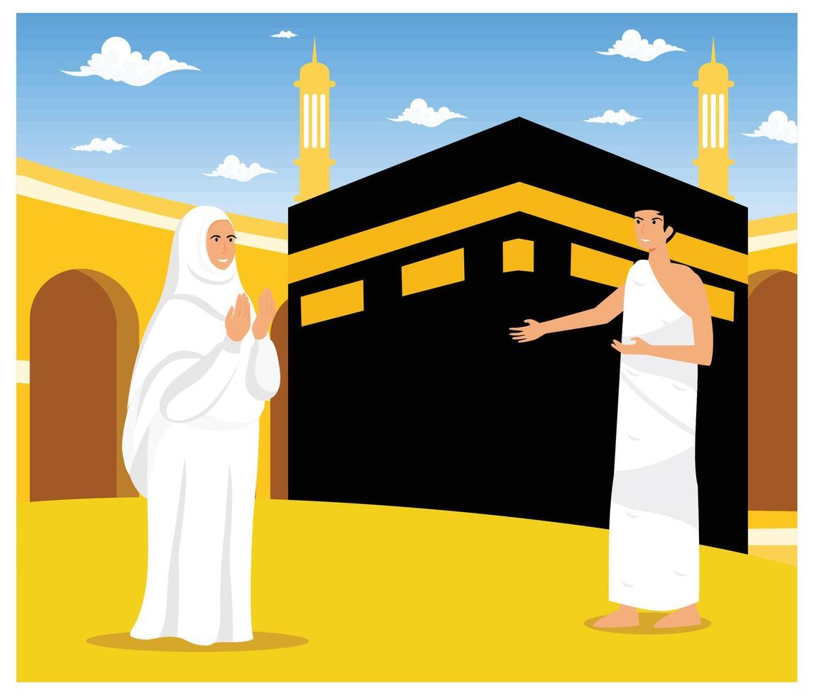 Islamic Hajj. Muslims perform the Islamic Hajj Pilgrimage. Male and Female Hajj figures wearing ihram clothing. flat modern illustration vector