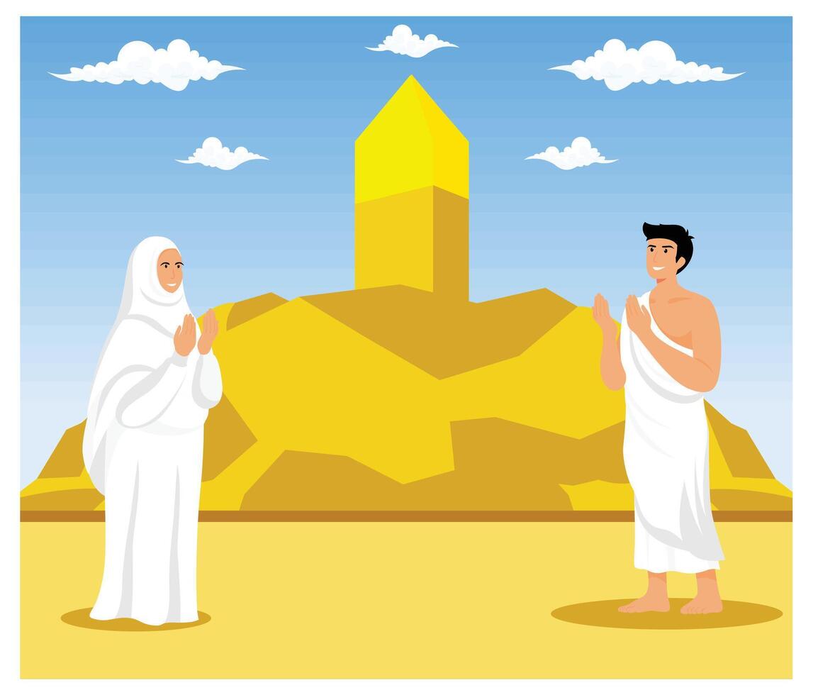 Hajj pilgrims pray on Mount Arafat. Hajj pilgrimage ritual, Muslim pilgrims praying and reading the Koran at Arafat. flat modern illustration vector